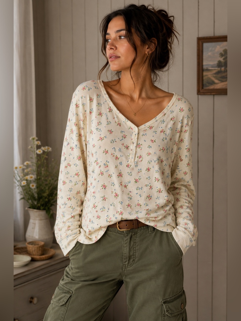 L.L.Bean Vintage Floral Double Layer Wool Blend Thermal Henley Top Cottagecore